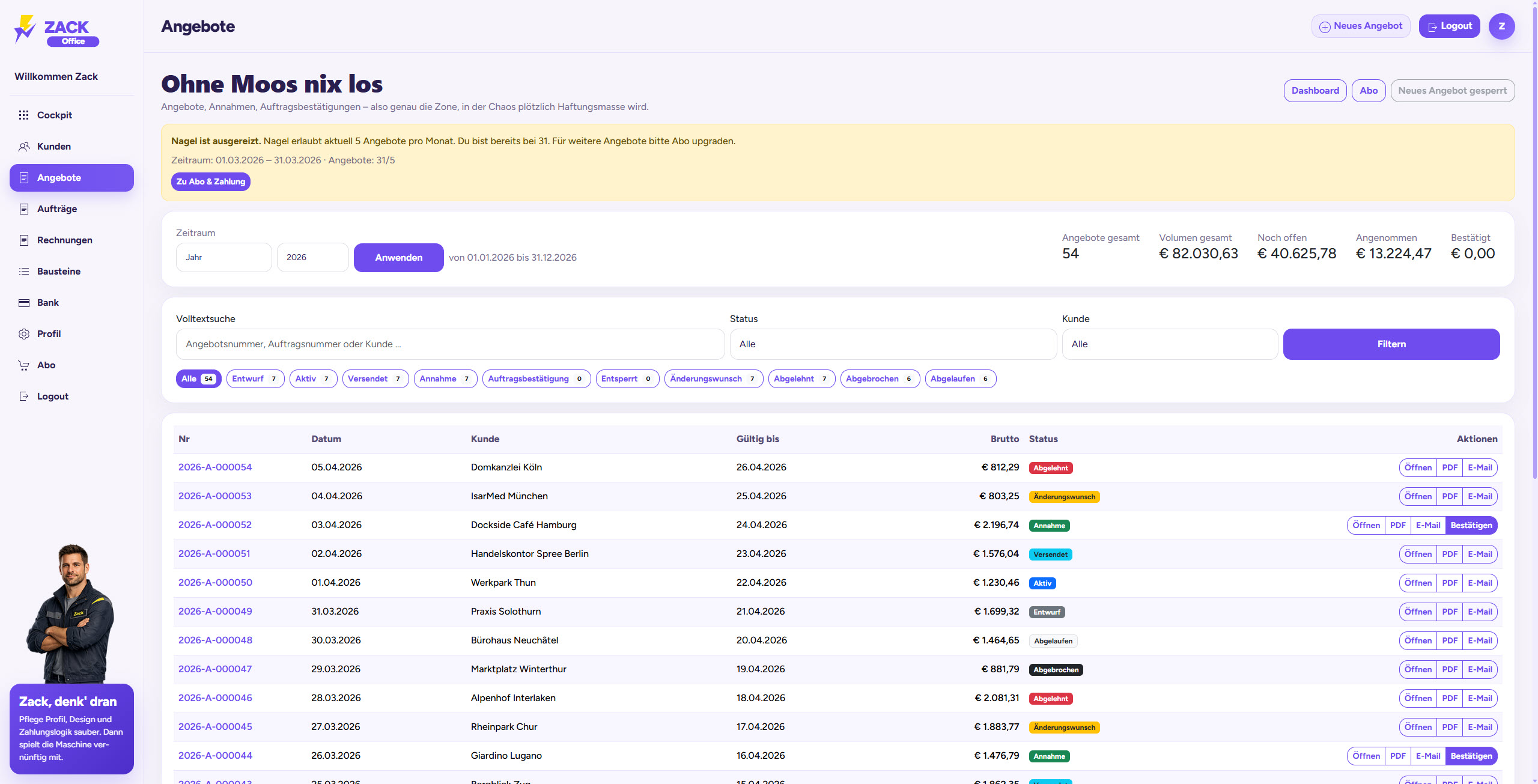 ZACK Office Angebotsübersicht