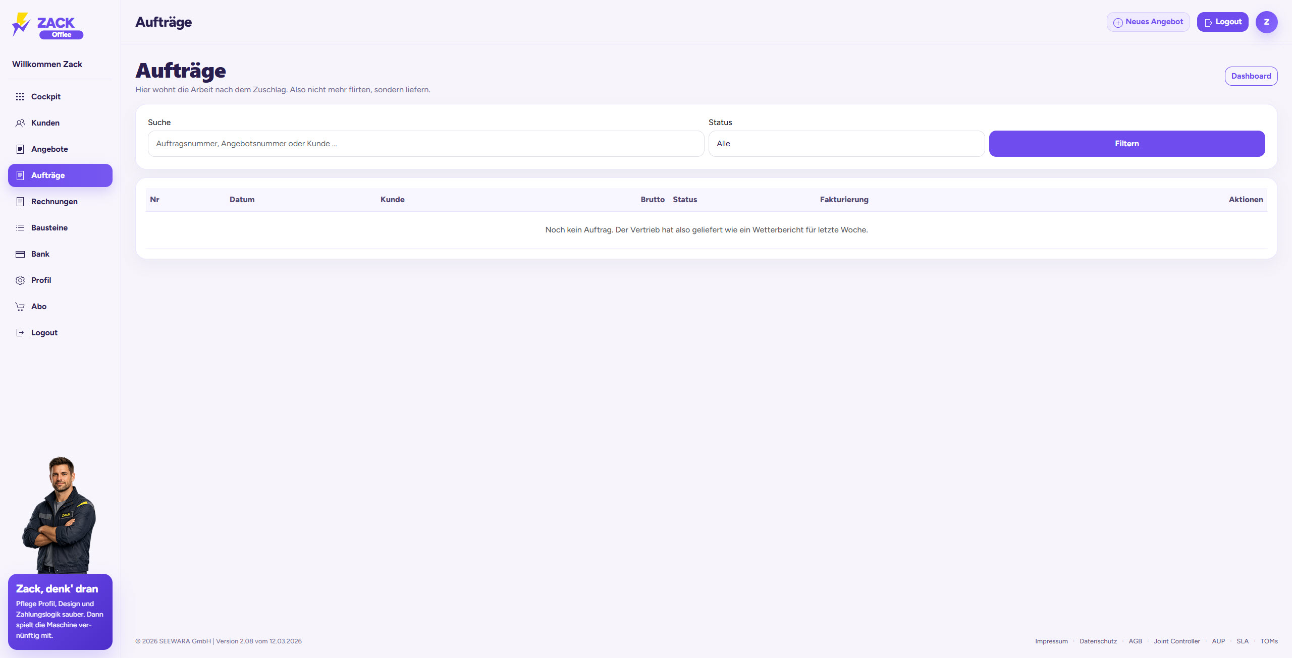 ZACK Office Auftragsübersicht