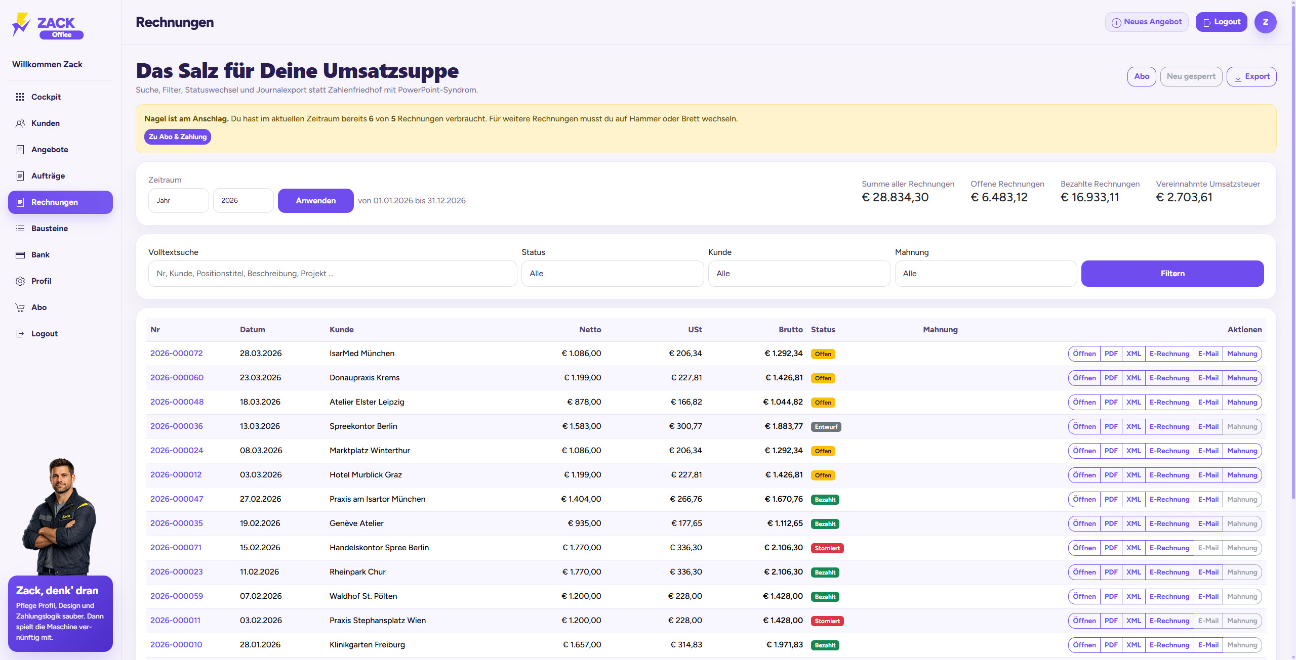 ZACK Office Rechnungsübersicht